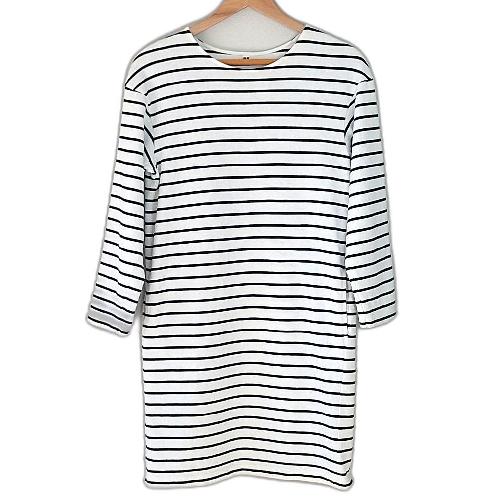 Uniqlo Black White 100% Cotton Horizontal Stripes Long Sleeve Mini Dress size S